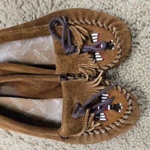 Brown Suede Minnetonka Moccasins with Beaded Design